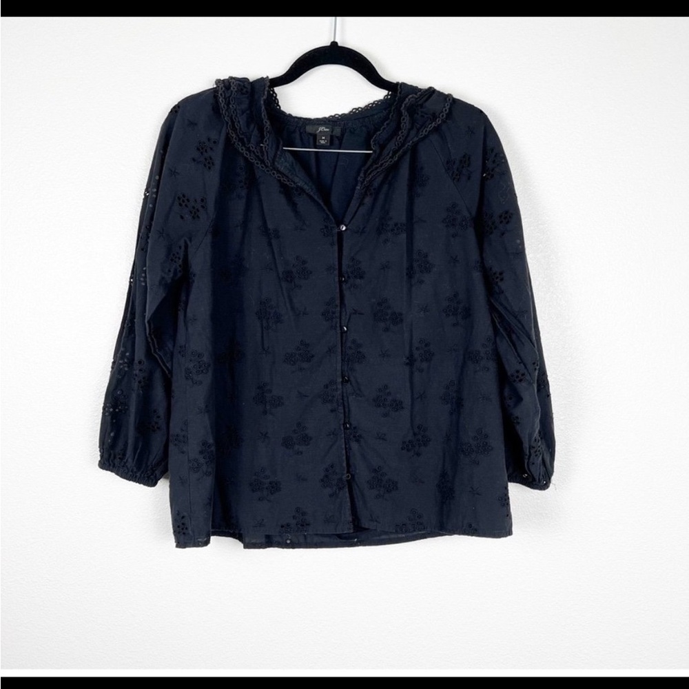 J Crew Eyelet Blouse Black Sz M